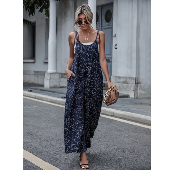 Tie Shoulder Polka Dot Navy Blue Wide Loose Fitting Jumpsuit - Picture 5 of 8